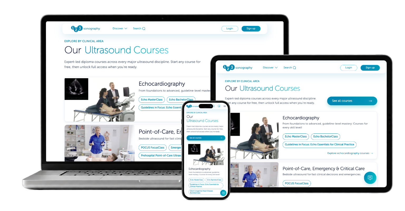 Explore courses by clinical area — real 123Sonography desktop, phone and tablet captures