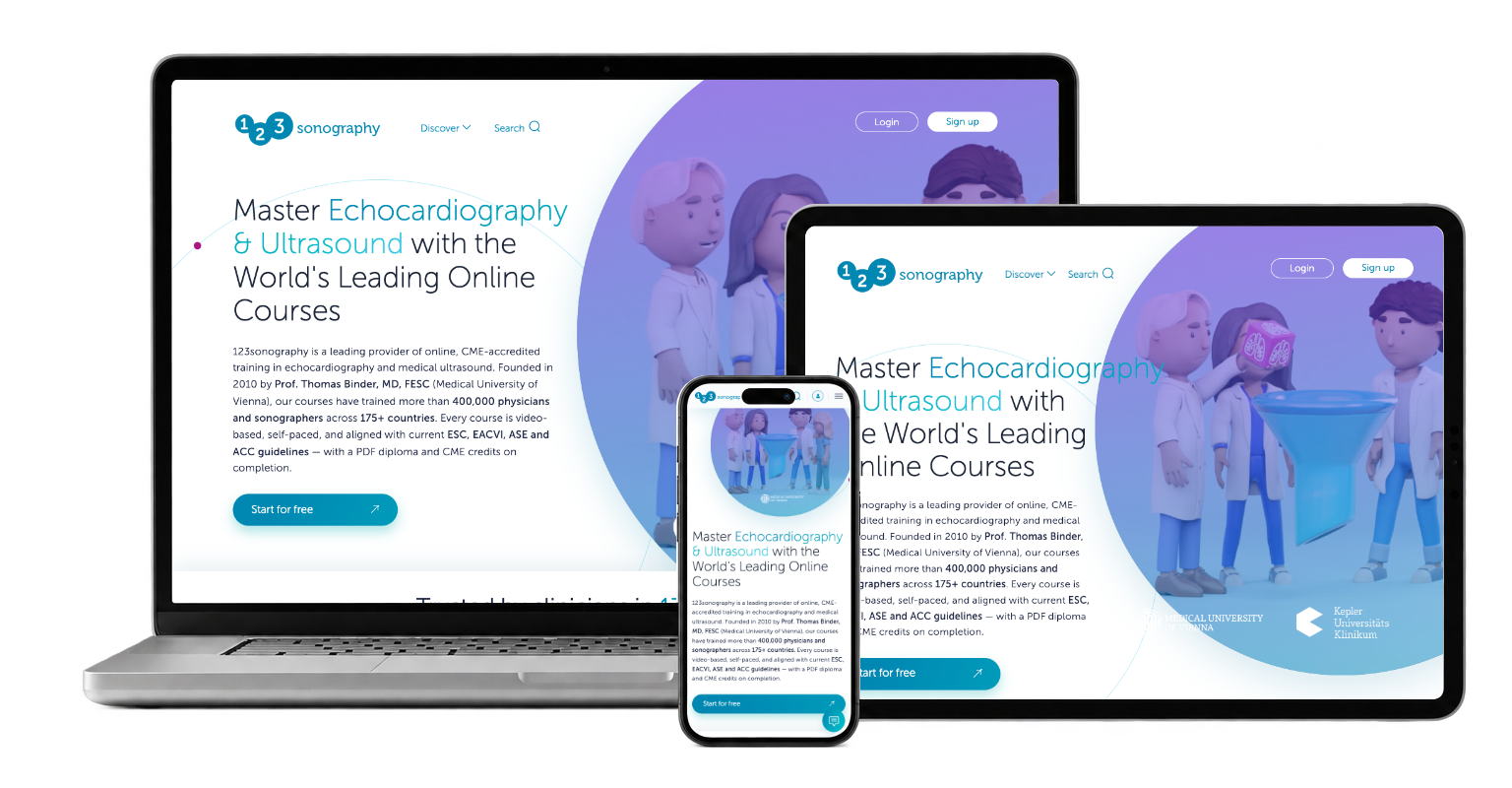 A learning platform across devices — real 123Sonography desktop, phone and tablet captures