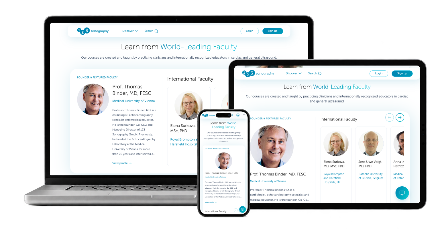 Meet the teaching faculty — real 123Sonography desktop, phone and tablet captures