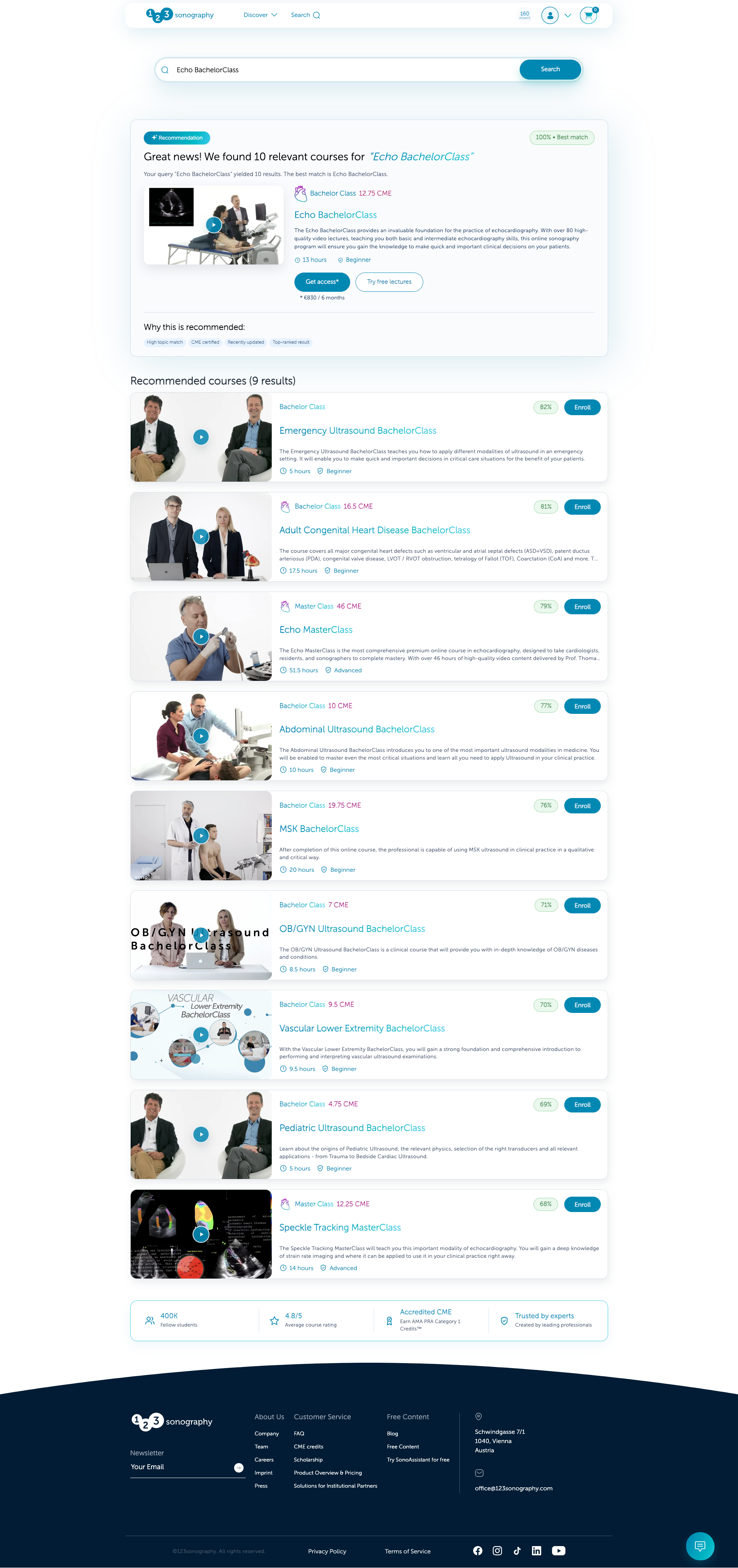 Smart Search results with Echo BachelorClass as the best match, reasons and alternative courses