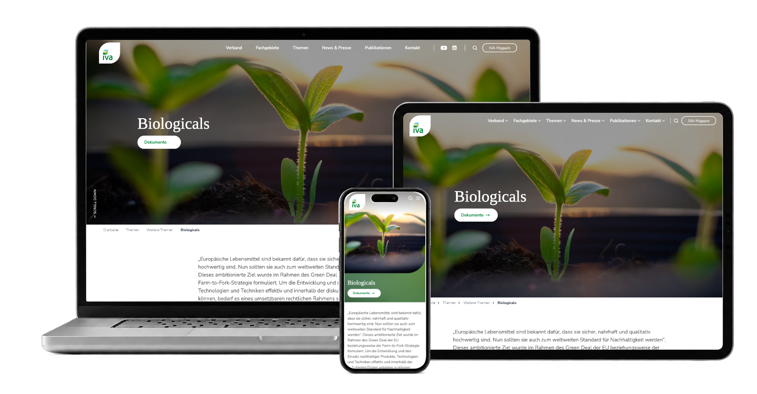 IVA Biologicals topic page with introductory content and document access across three devices