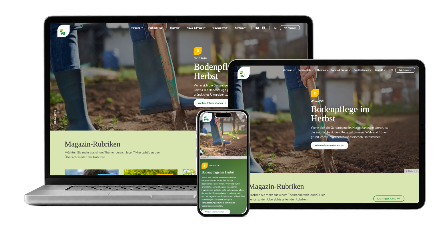 IVA magazine with a featured soil-care story and category navigation across three devices