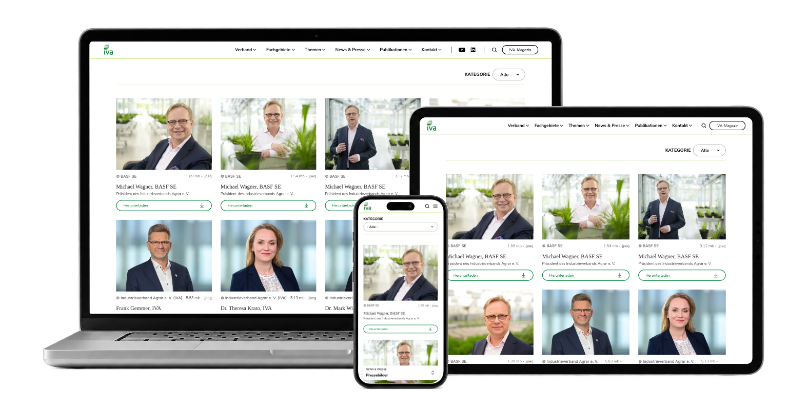 IVA press-image library with category filtering and downloadable photographs across three devices