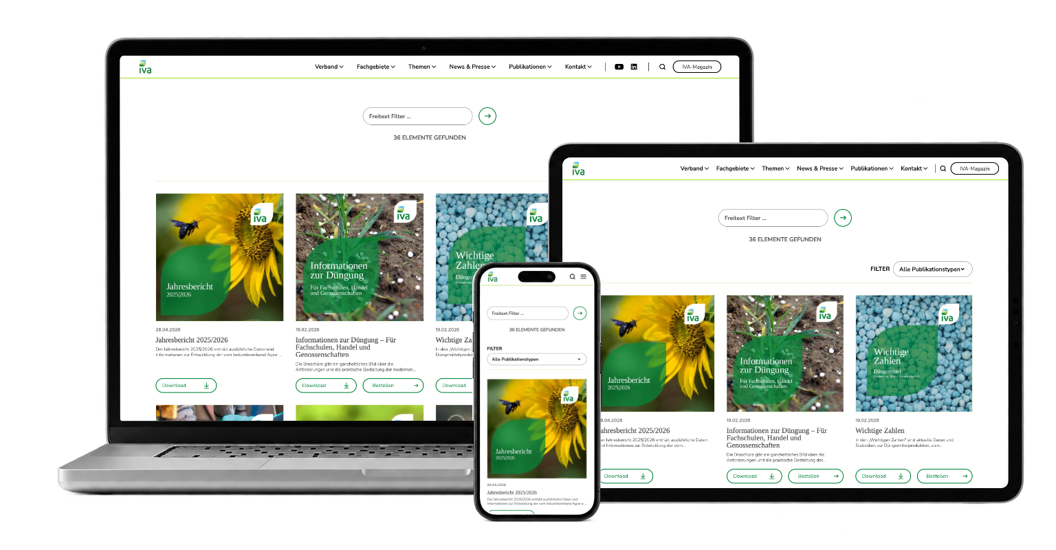 IVA publications catalogue with filters, downloads and ordering links across three devices