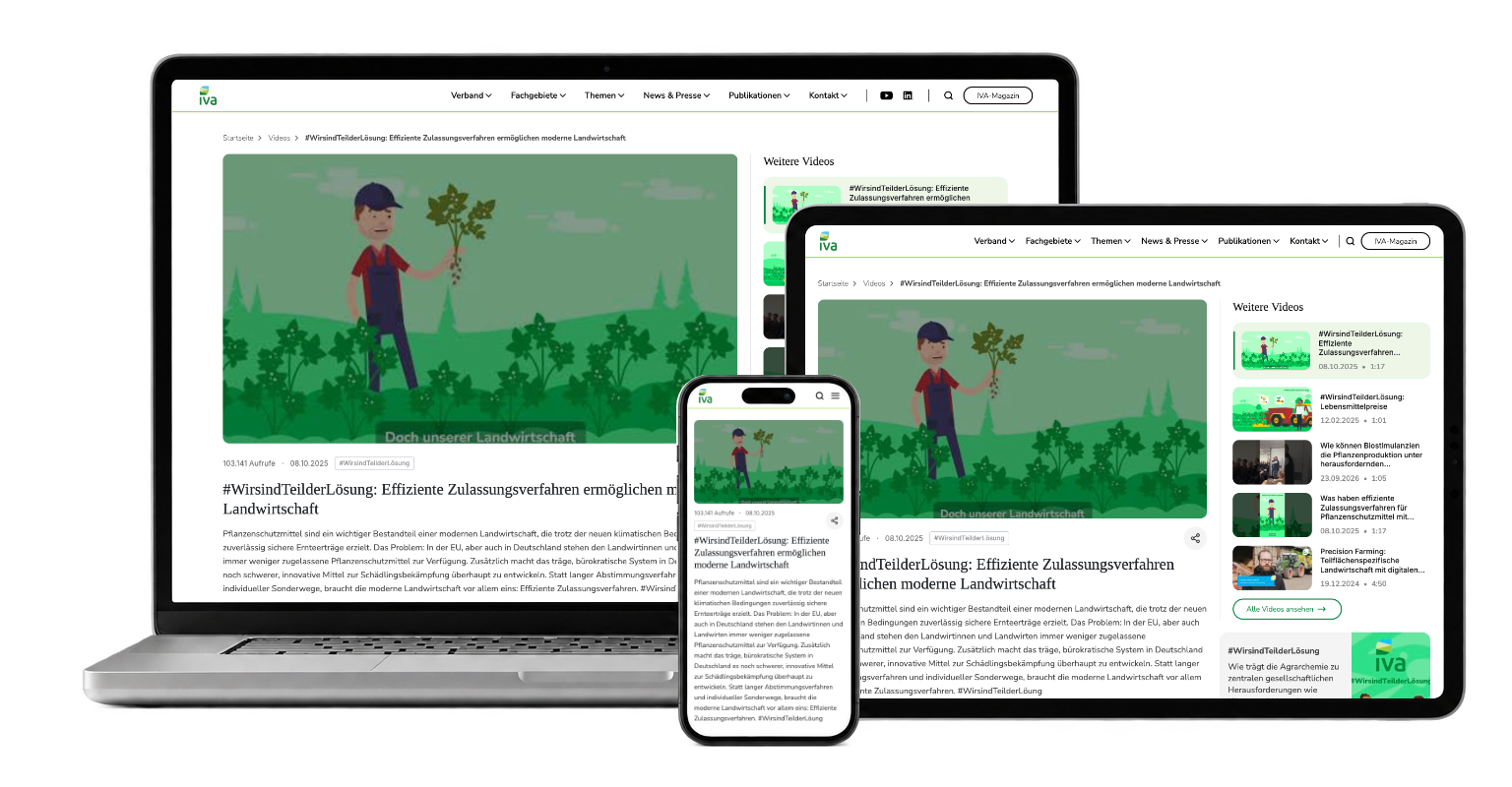 IVA video page with an embedded player, explanatory text and related videos across three devices