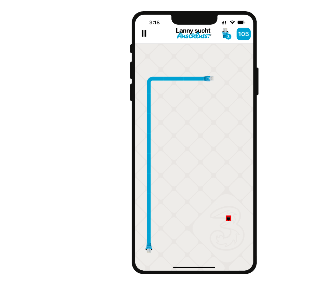 Lanny mobile game shown in a phone frame with a score of 105, three lives and a pause control