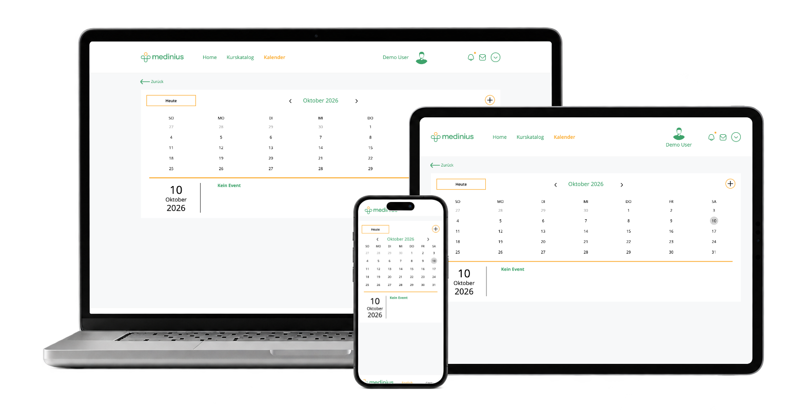 Medinius learning calendar across laptop, tablet and phone