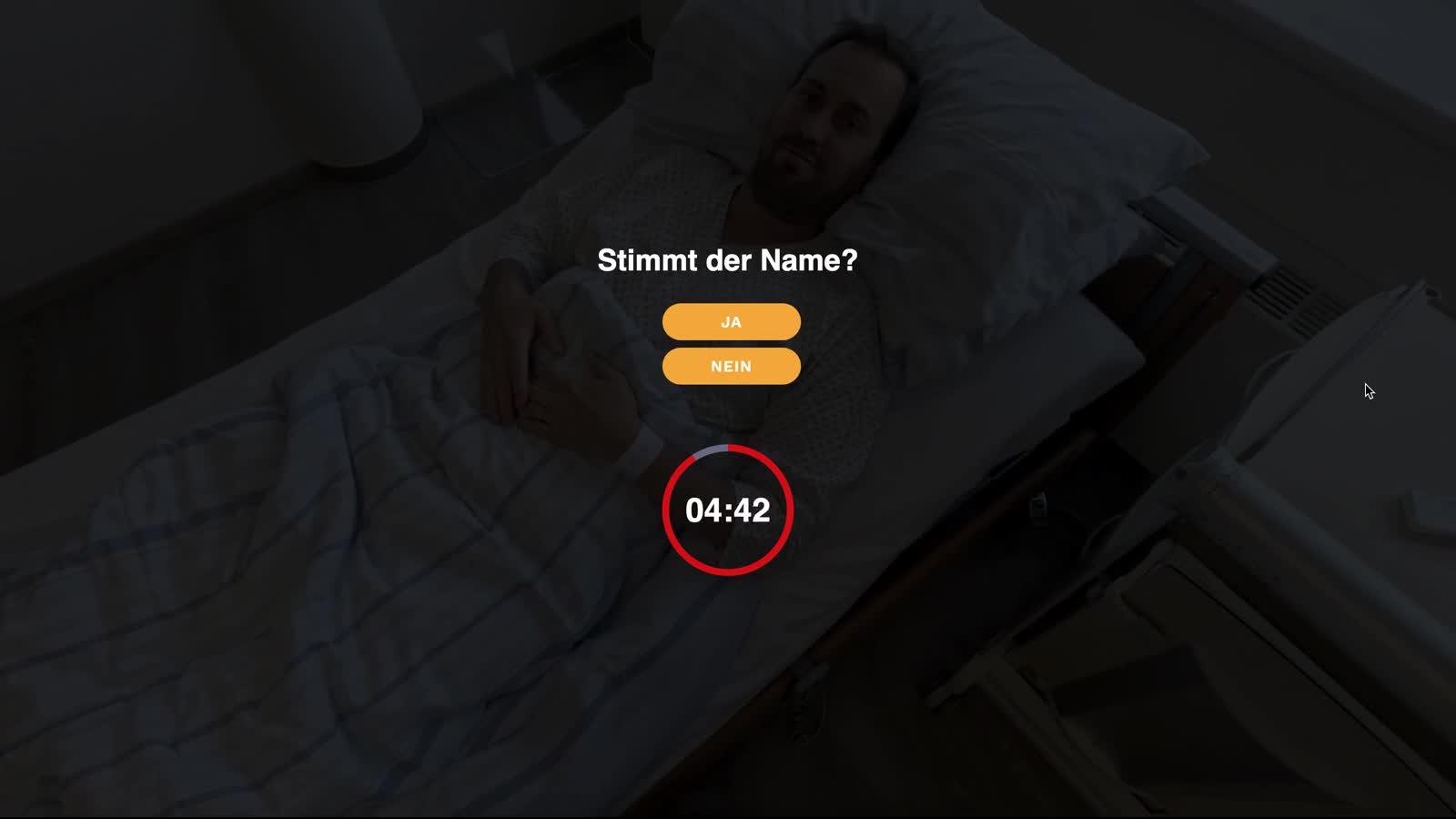 Medinius identity-check question with a live countdown and answer selection