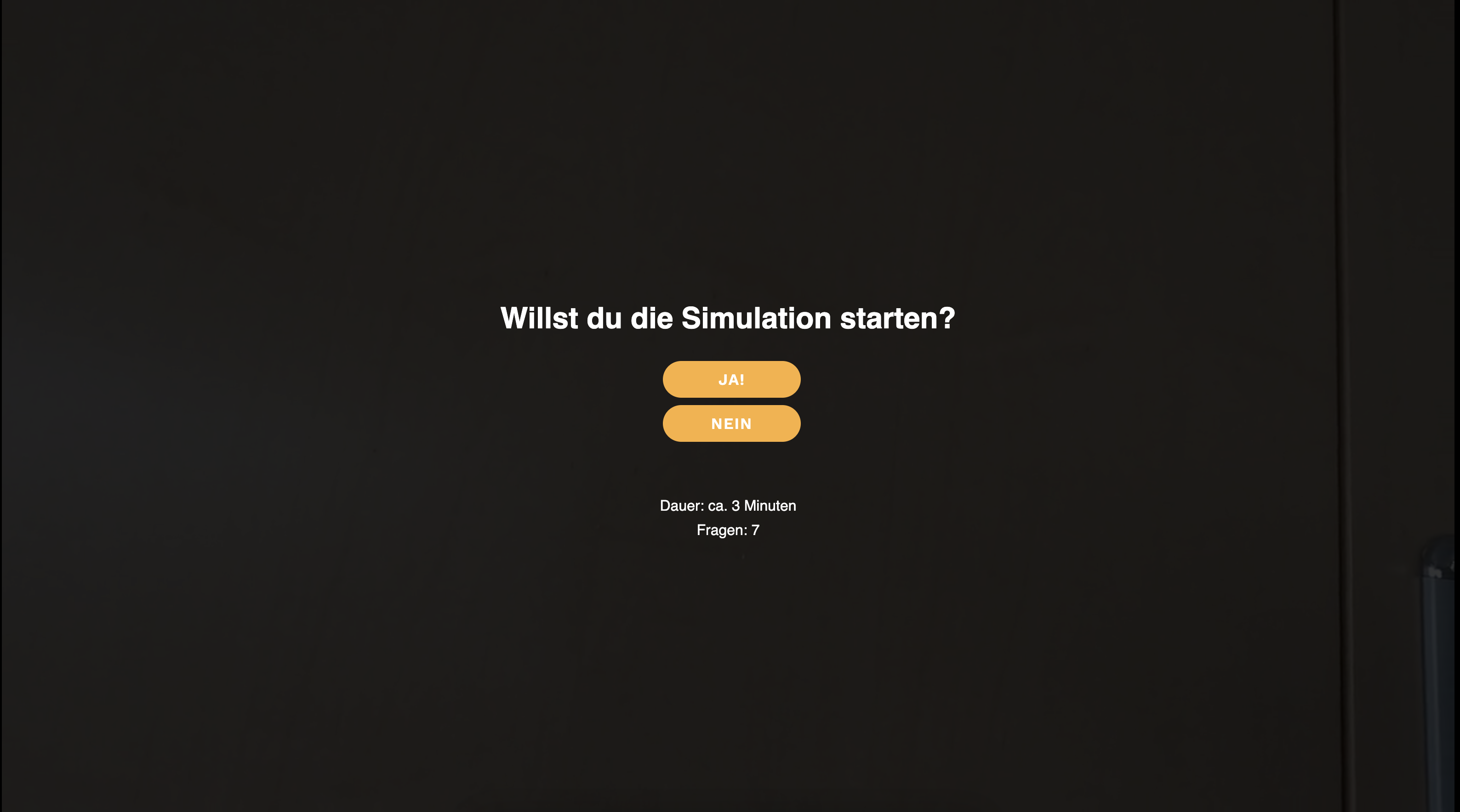 Medinius simulation start screen with yes and no buttons